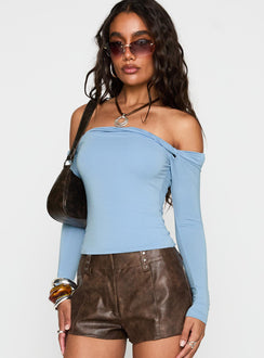 side view of model wearing Princess Polly Dusky Long Sleeve Top Blue Full Sleeves straight 