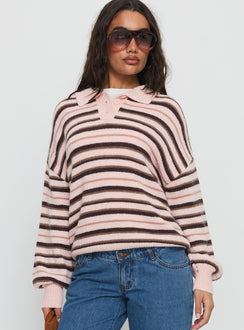 Jeanny Collared Knit Sweater Brown / Pink Stripe