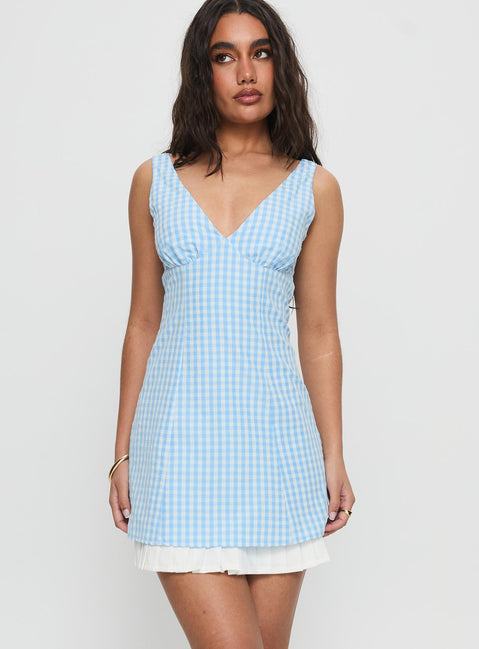 Evielle Underskirt Mini Dress Blue Check | Princess Polly Evielle Underskirt Mini Dress Blue Check | Princess Polly