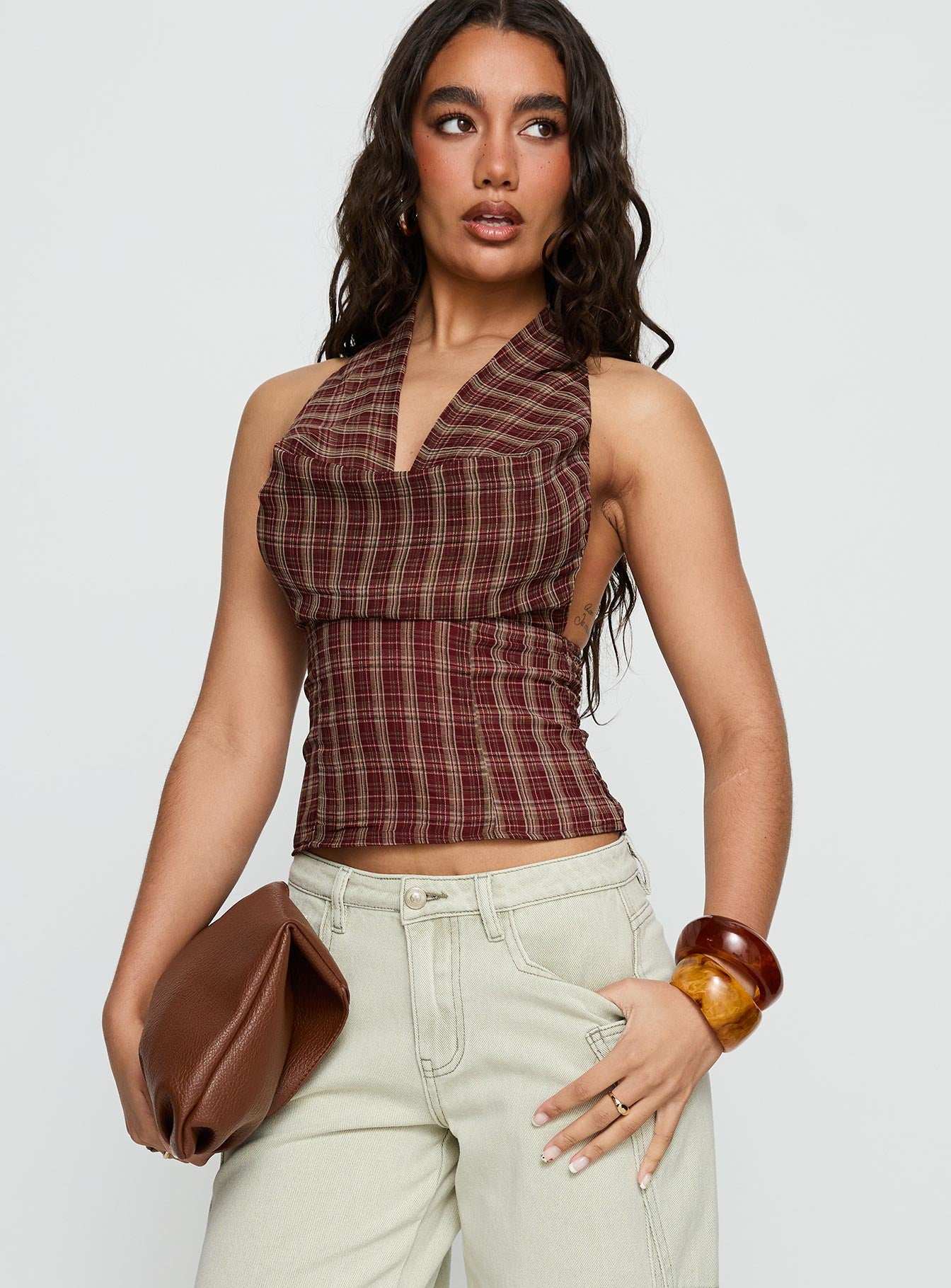 Kendia Plunge Halter Top Red Check | Princess Polly