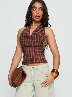 Kendia Plunge Halter Top Red Check