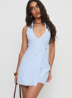 Kaiah Ruched Halter Mini Dress Blue Stripe