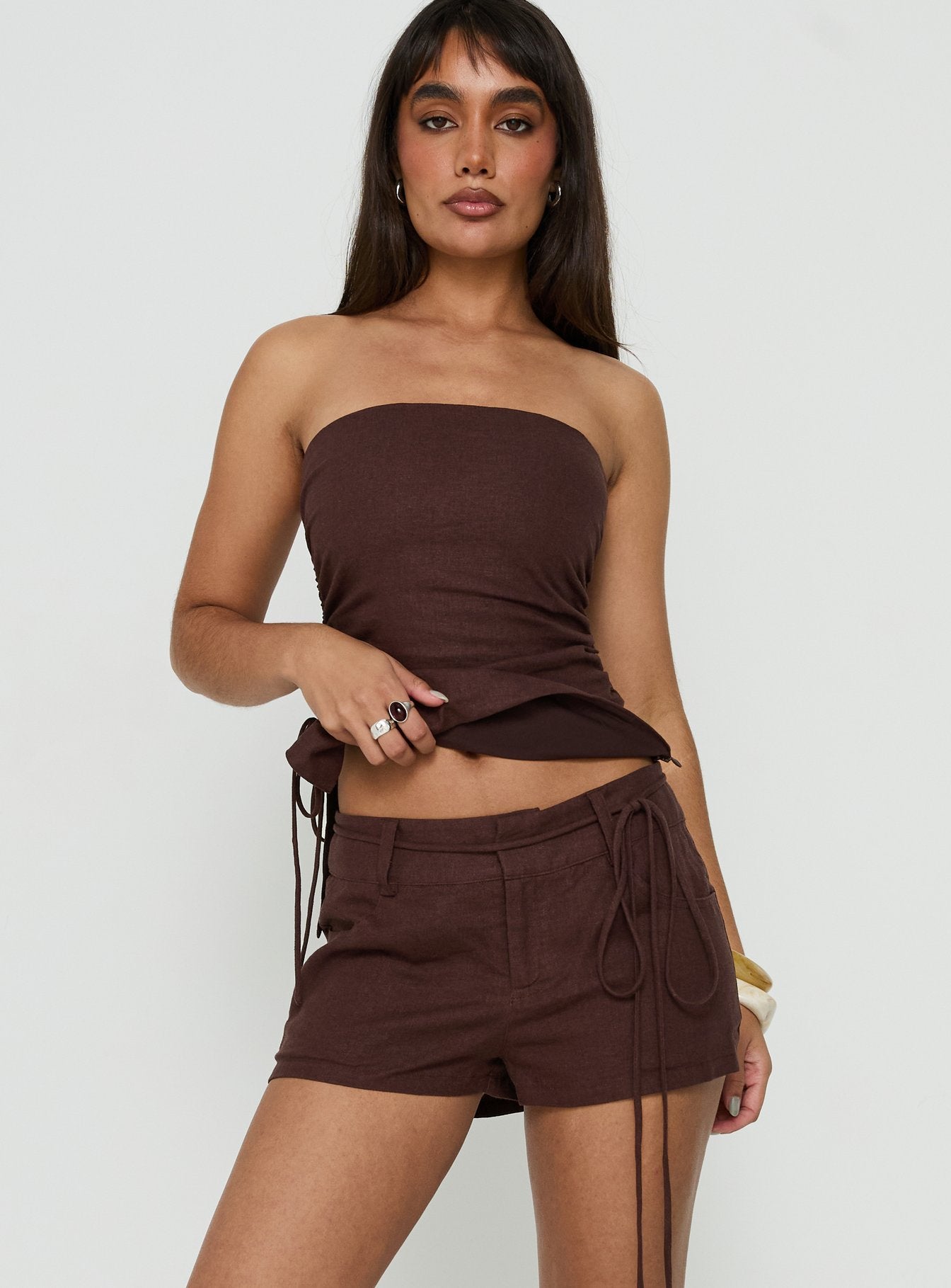 Lylie Linen Blend Tie Side Micro Shorts Brown | Princess Polly
