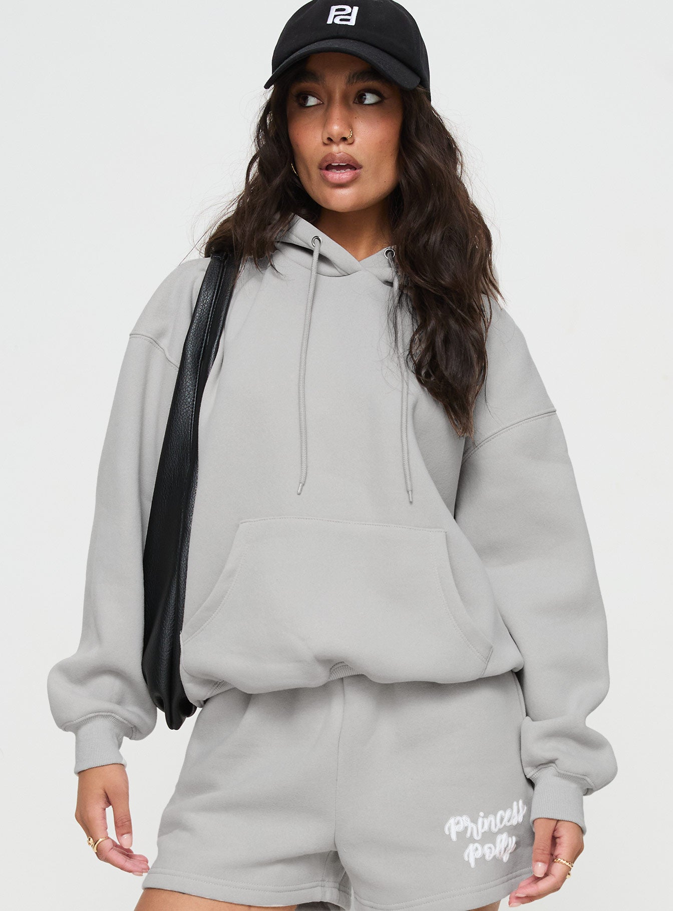 Princess polly hooded sweatshirt puff text grey