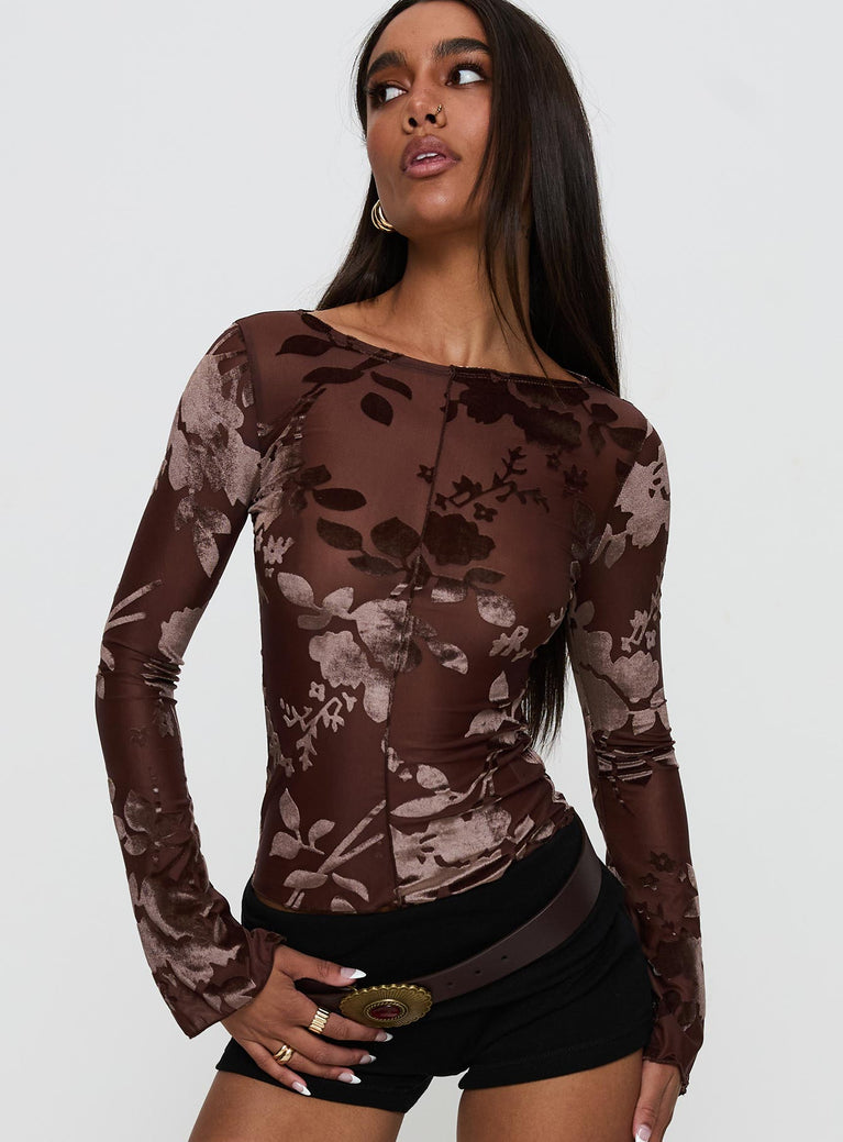 Meant To Be Mesh Long Sleeve Top Brown Floral