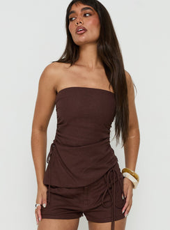Defined Strapless Gathered Linen Blend Top Brown