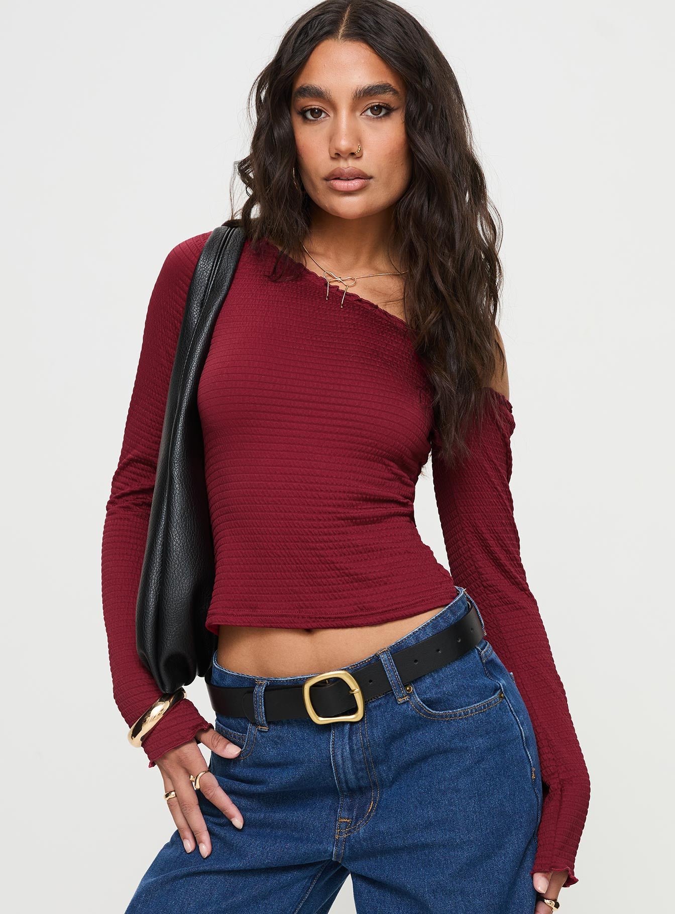 Opulent One Shoulder Top Maroon Full Sleeves Asymmetric Neckline 