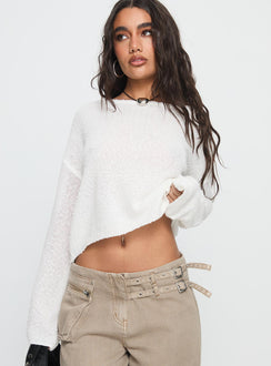 front view of model wearing Princess Polly Riala Off Shoulder Knit Sweater White cropped 