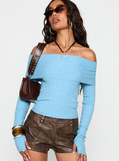 front view of model wearing Princess Polly Morley Off Shoulder Sweater Blue Cropped 