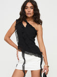 side view of model wearing Princess Polly Timmie One Shoulder Top Black Sleeveless Asymmetric Neckline 