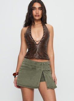   front view of model wearing Princess Polly Generous Wrap Buckle Skort Washed Khaki Mini Skirts 