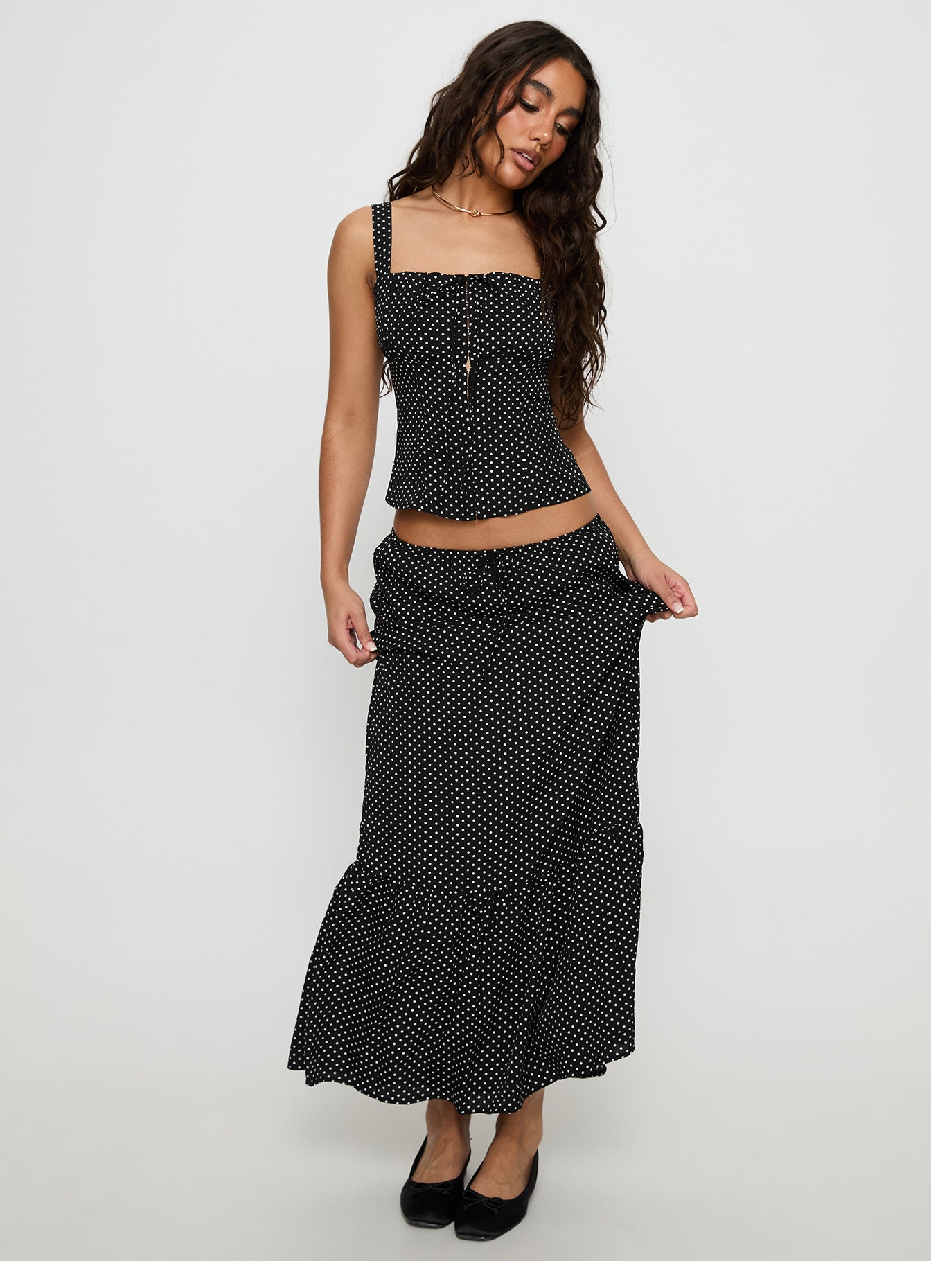   front view of model wearing Princess Polly Modern Girl Maxi Skirt Black / Polka Dot 