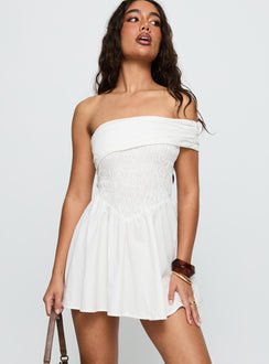 front view of model wearing Princess Polly Fruitful Off Shoulder Mini Dress White Straight Neck 