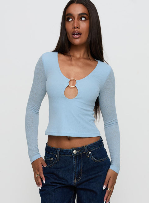 front view of model wearing Princess Polly This Fate Long Sleeve Ring Detail Top Blue Full Sleeves Scoop Neck 