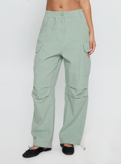 front view of model wearing Princess Polly Elanthea Cargo Pants Green High Waisted Pants 