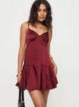 front view of model wearing Princess Polly Valeska Mini Dress Burgundy V-Neck 