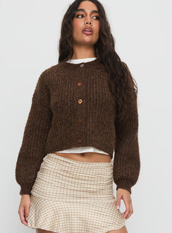 front view of model wearing Princess Polly Hadly Knit Cardigan Brown cropped 