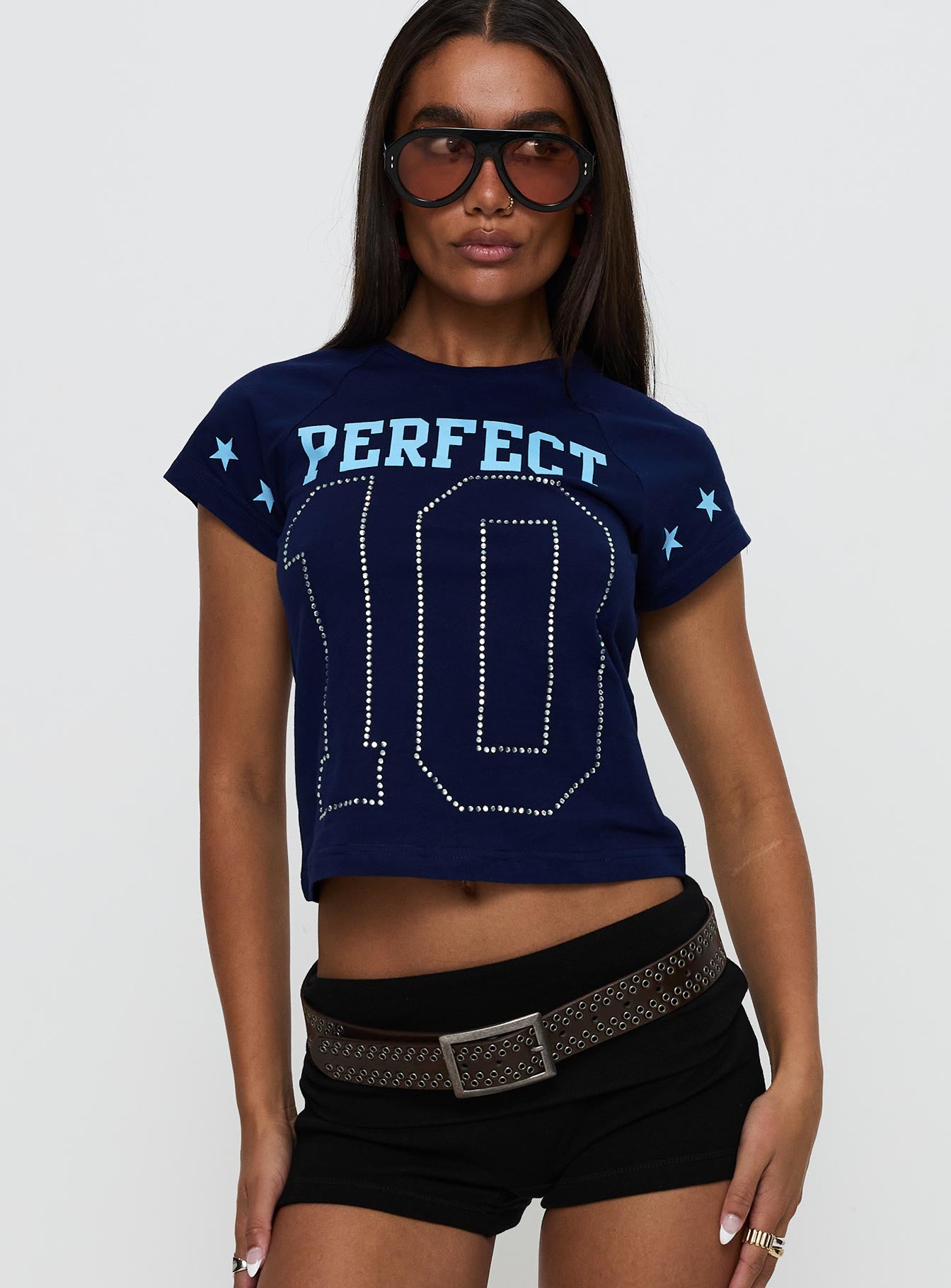 back view of model wearing Princess Polly Perfect 10 Graphic Top Blue Short Sleeves Crew Neck 