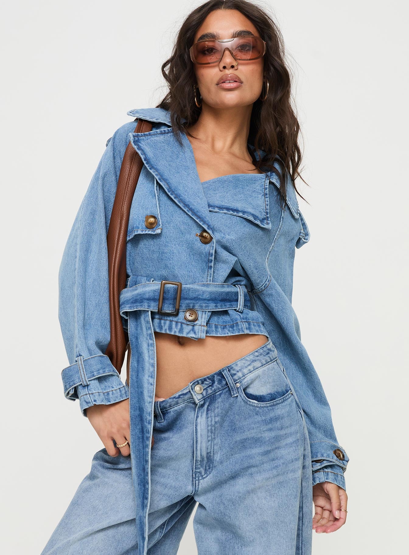 Aurelio cropped denim trench coat light denim wash