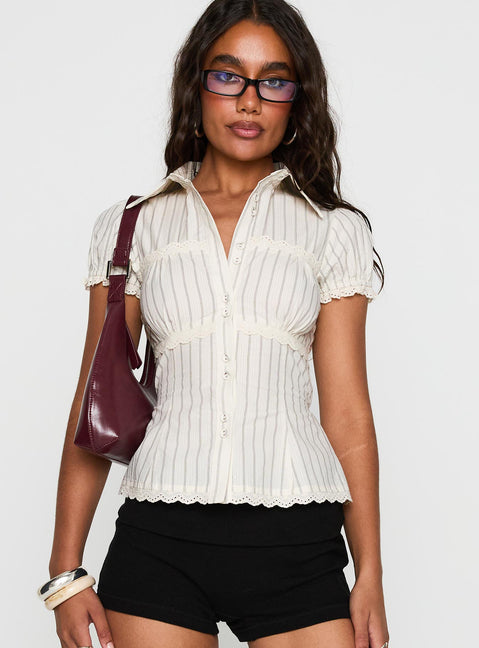 Deserve You Puff Sleeve Button Front Top Cream Stripe