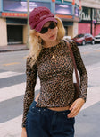 front view of model wearing Princess Polly Uzo Long Sleeve Top Leopard Full Sleeves High Neck 