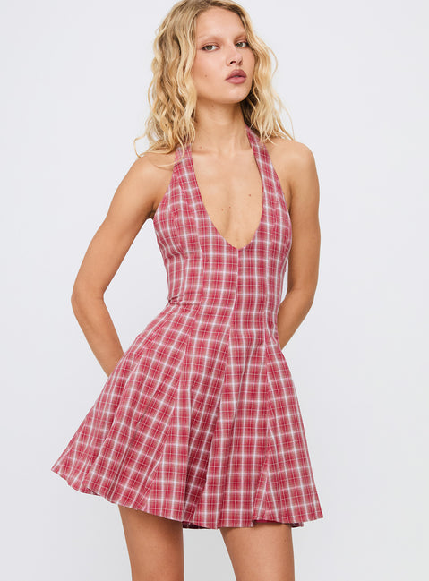 Out Of Nowhere Halter Mini Dress | Red Check | Womens | Princess Polly Out Of Nowhere Halter Mini Dress | Red Check | Womens | Princess Polly