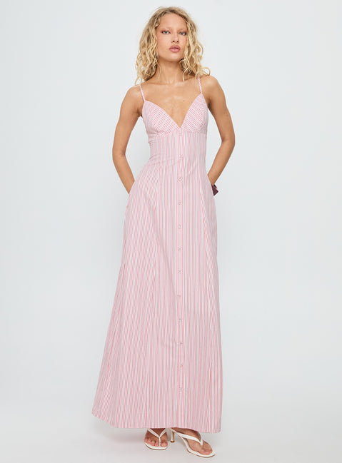 Samiyah Button Down Maxi Dress Red Stripe