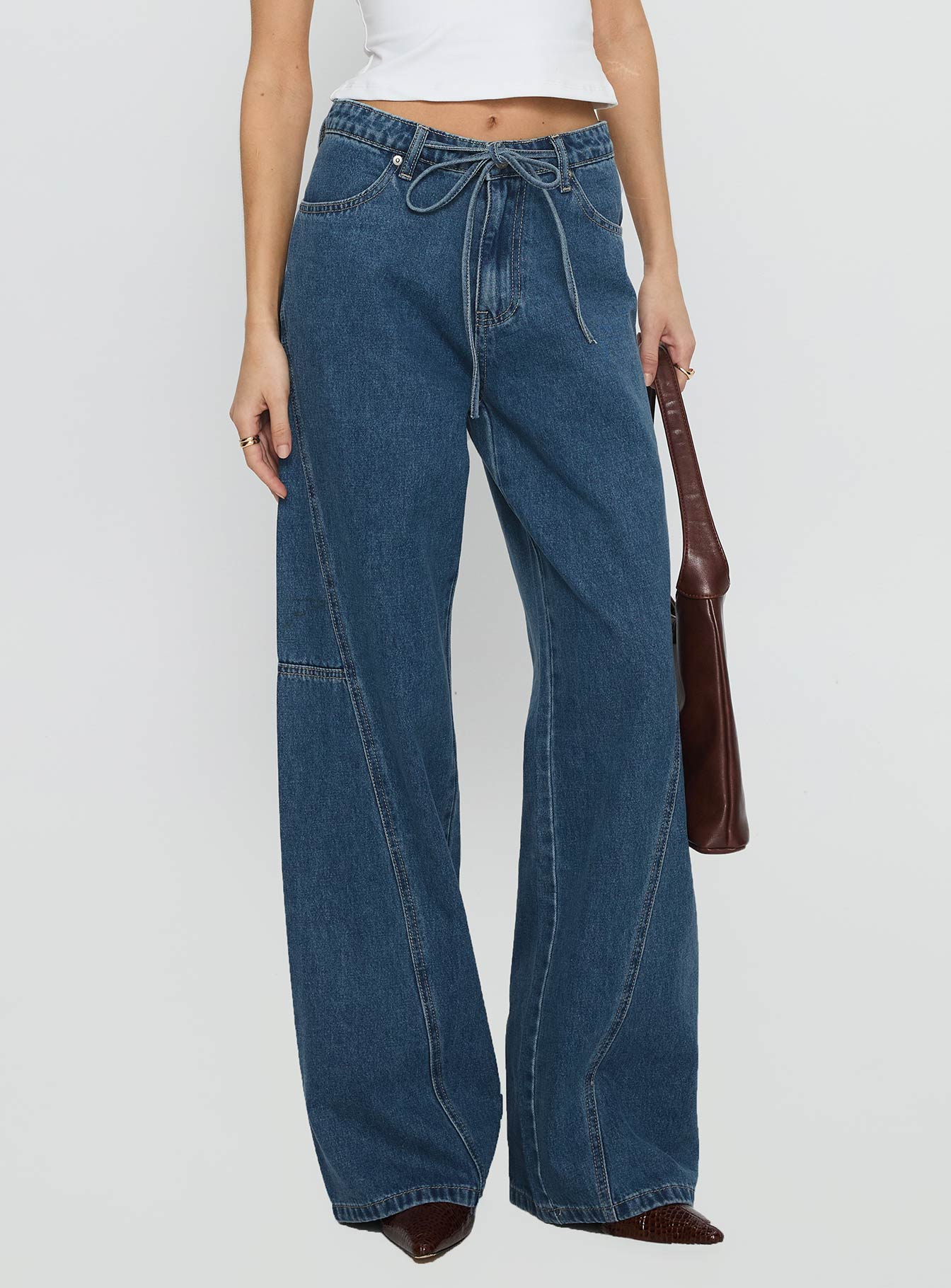 Bruiser Tie Waist Jeans Mid Blue Wash | Princess Polly