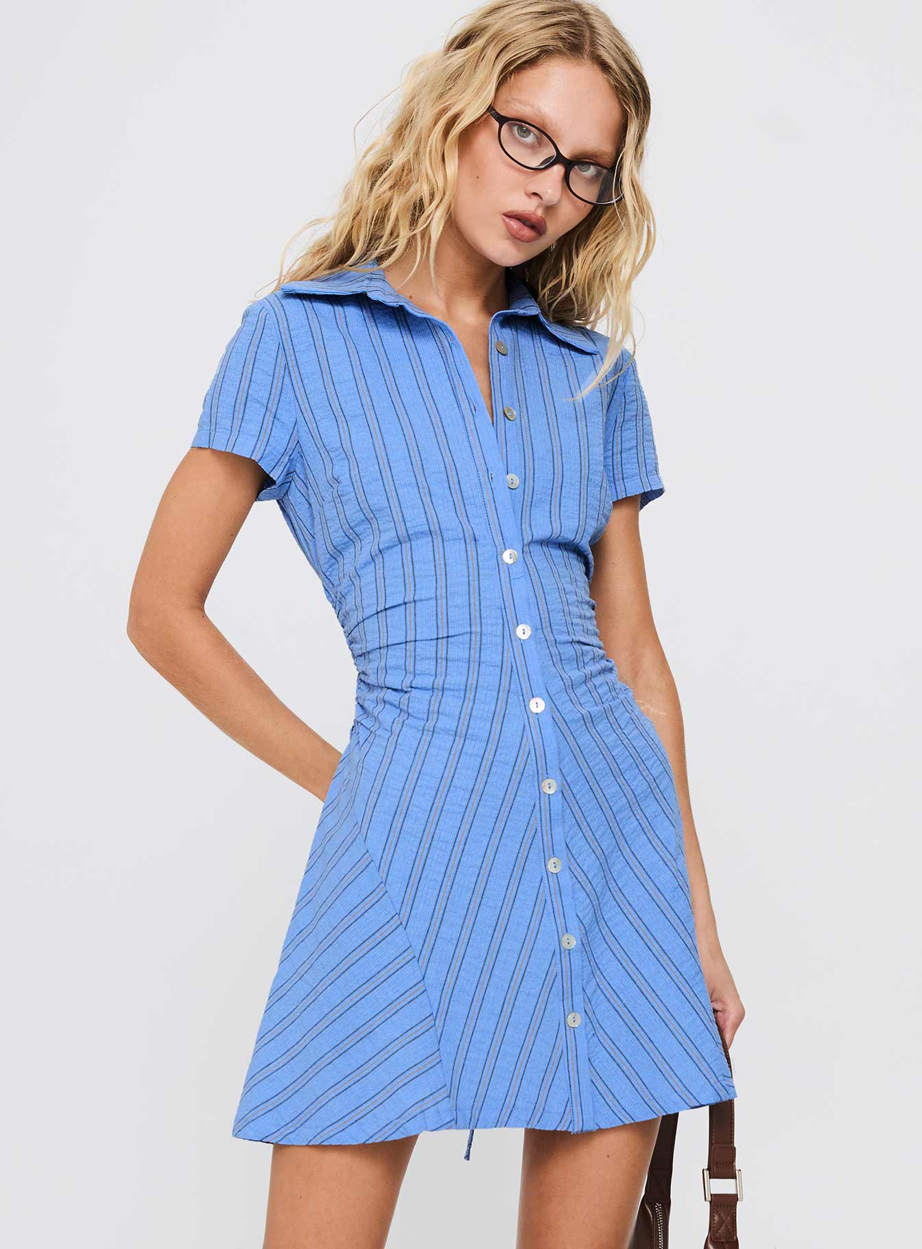 Saydie Button Down Mini Dress Blue Stripe | Princess Polly Saydie Button Down Mini Dress Blue Stripe | Princess Polly