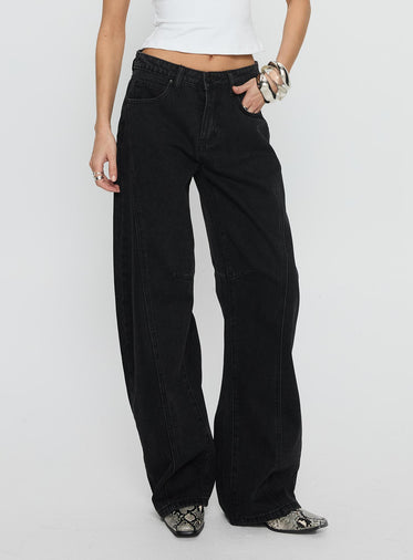 Lost Track Mid Rise Barrel Leg Jeans Washed Black
