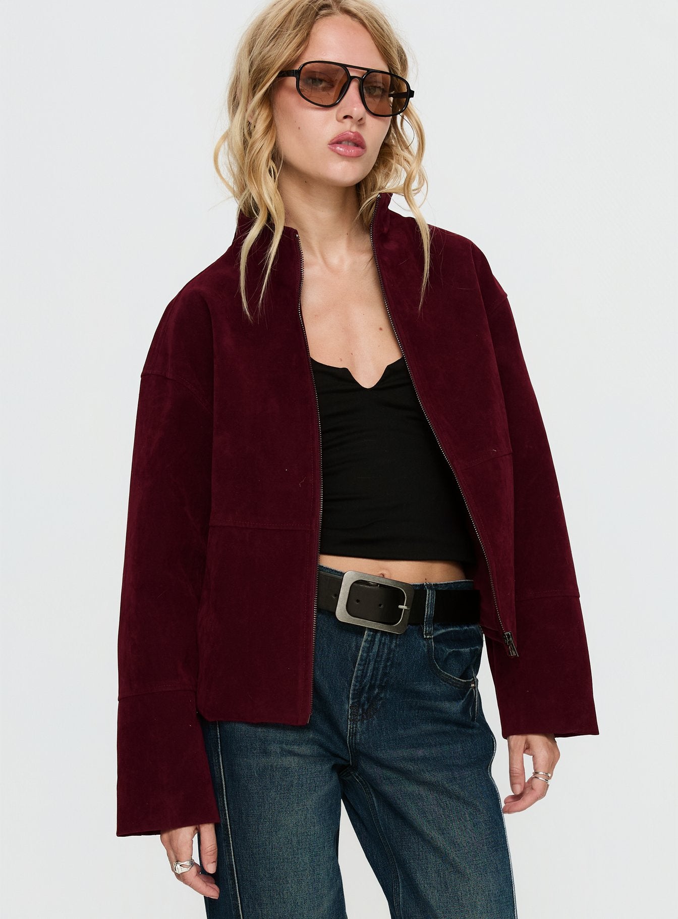 Jessalynn Faux Suede Zip Through Jacket Burgundy | Princess Polly