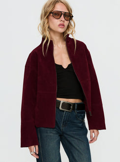 Jessalynn Faux Suede Zip Through Jacket Burgundy