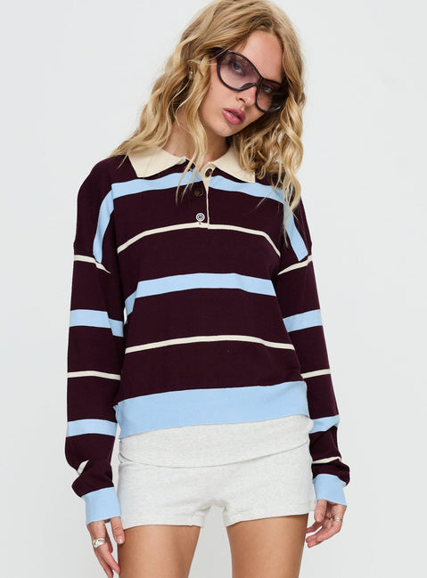 front view of model wearing Princess Polly Aiyanna Collared Rugby Jersey Brown / Blue Stripe cropped 