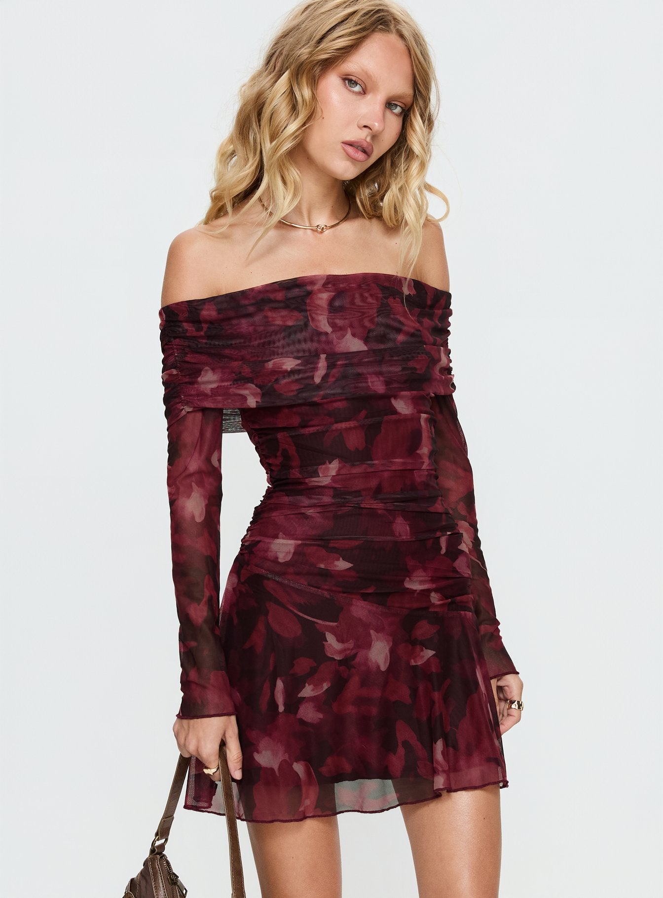 knee length dresses for ladies Marrissa Off Shoulder Long Sleeve Mini Dress | Burgundy Floral | Womens