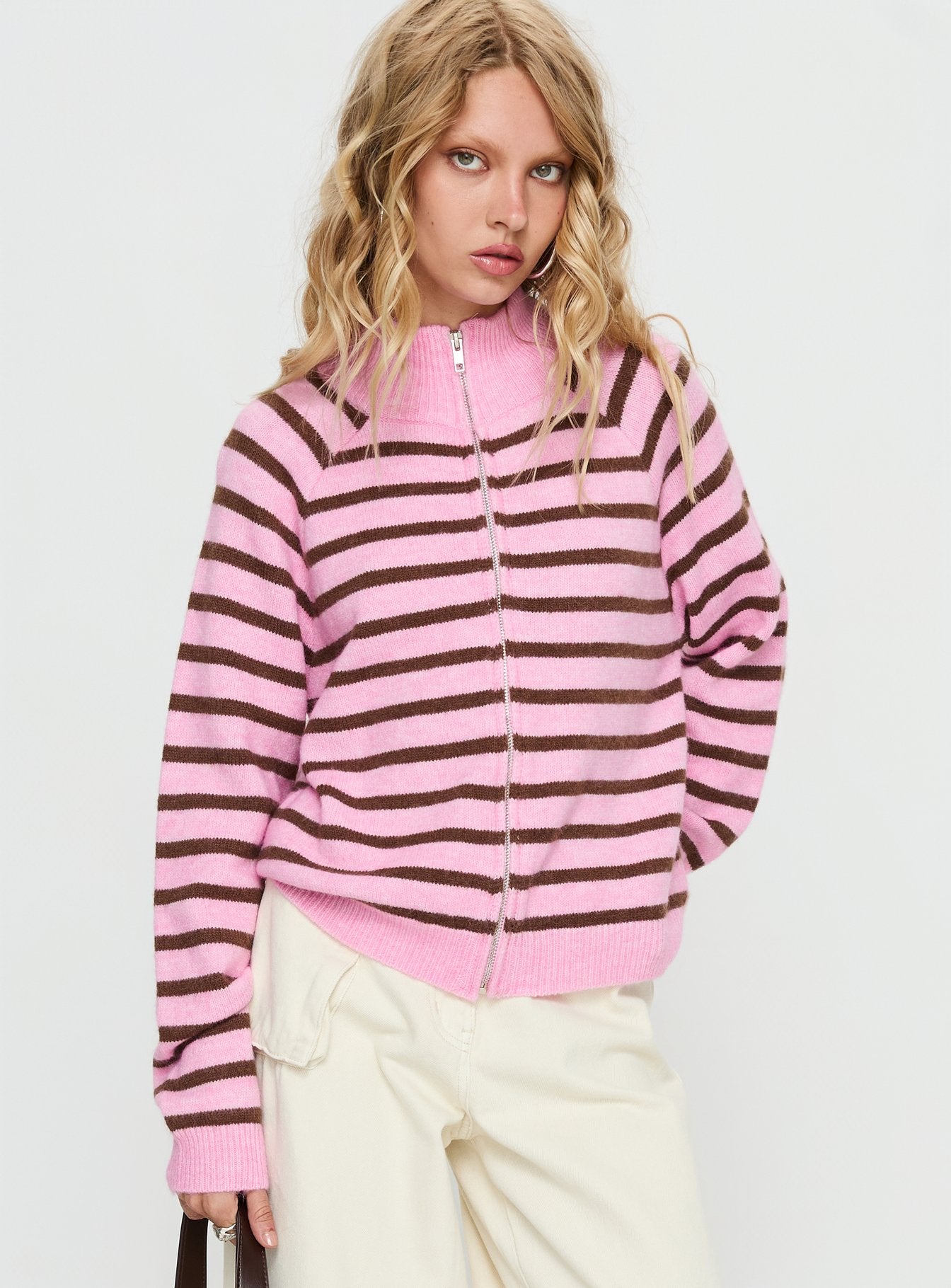 Kaylei Zip Through Cardigan Pink Stripe | Princess Polly