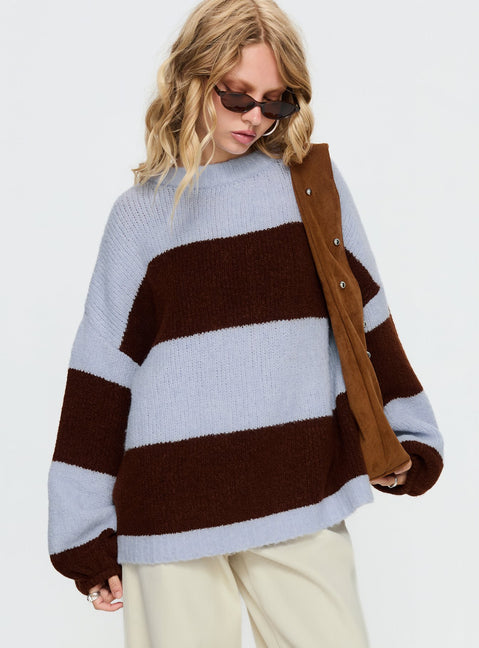 front view of model wearing Princess Polly Bastien Crew Neck Knit Sweater Blue / Chocolate Stripe Longline Jumpers 