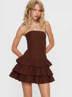 Valentia Tiered Mini Dress | Chocolate | Womens | Princess Polly Lower Impact Valentia Tiered Mini Dress | Chocolate | Womens | Princess Polly Lower Impact