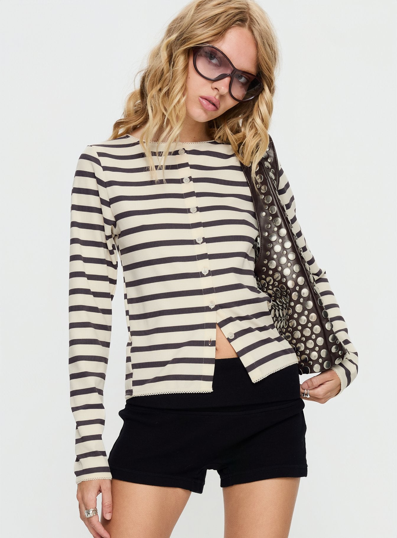 Marvella Button Up Long sleeve Top Dark Grey / Cream Stripe