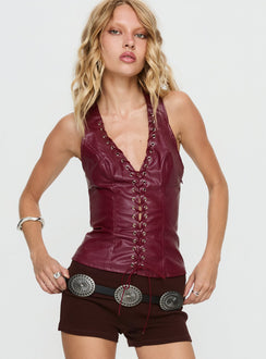 Verda Faux Leather Tie Up Top Burgundy