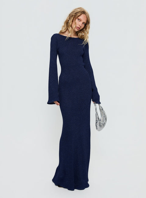 Rhapsody Long Sleeve Knit Maxi Dress Navy