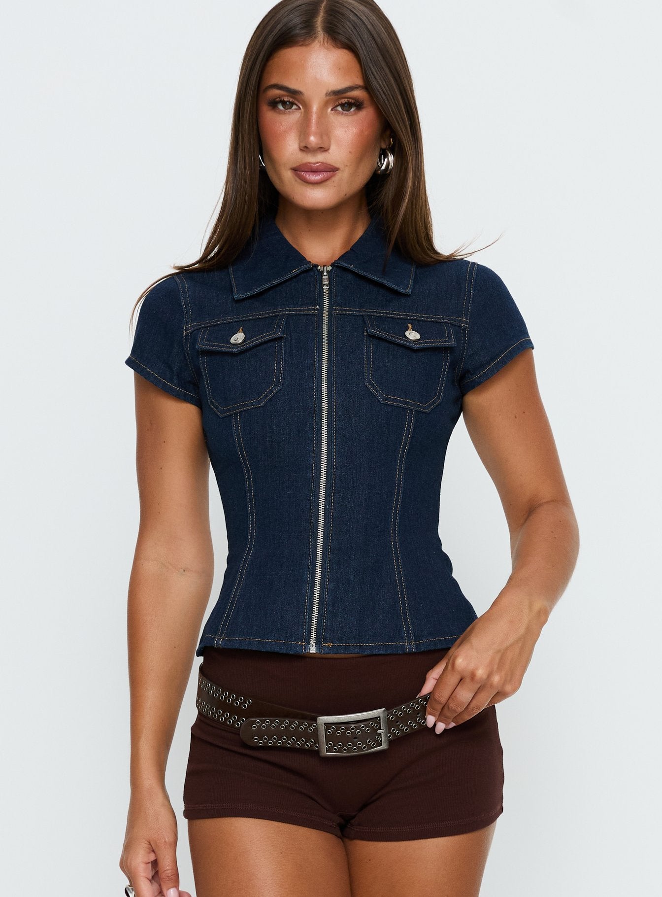 Liyana Denim Zip Up Short Sleeve Shirt Mid Blue | Princess Polly
