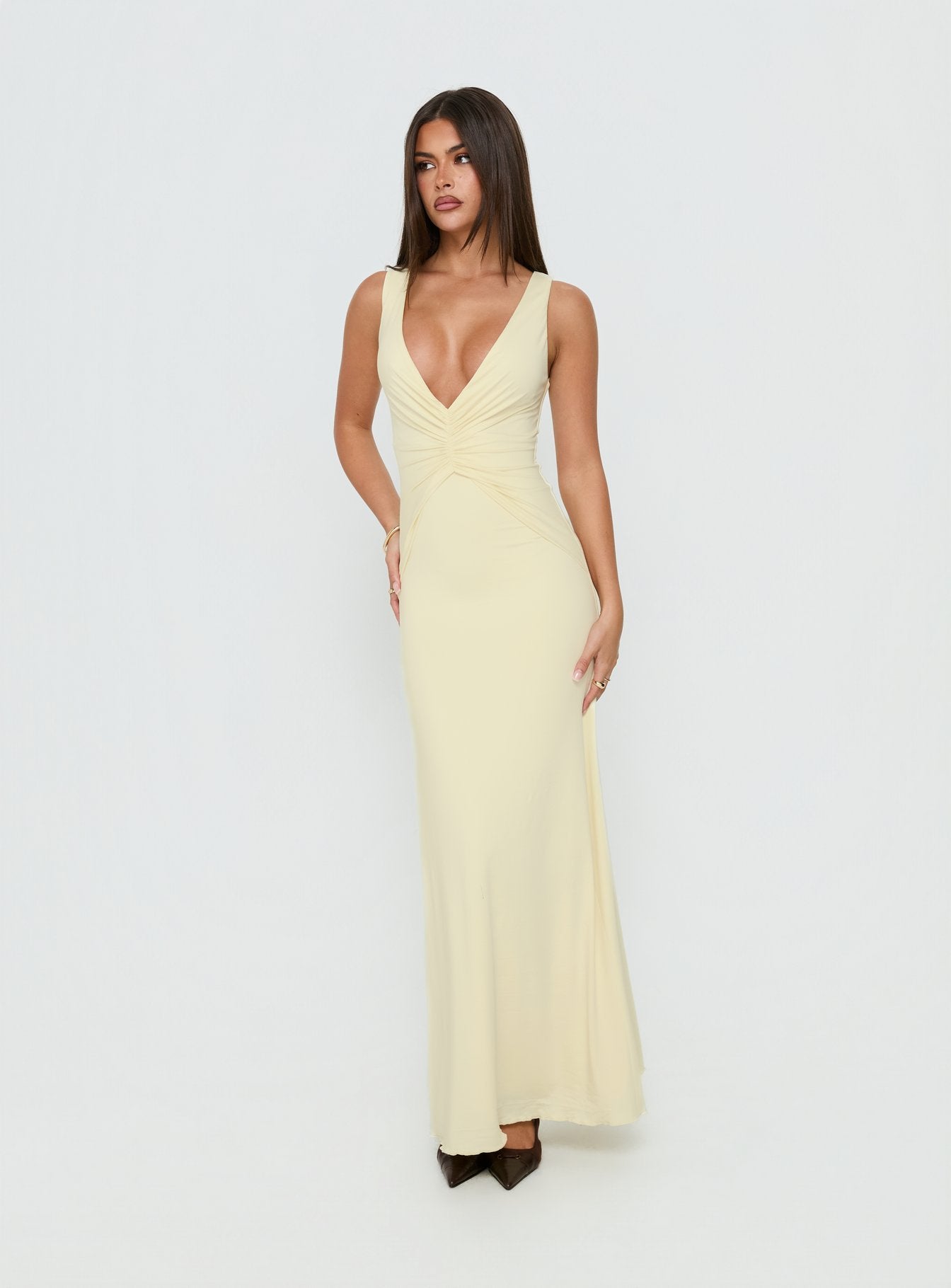 garden wedding bridesmaid dress Frederica Plunge Maxi Dress Butter Yellow