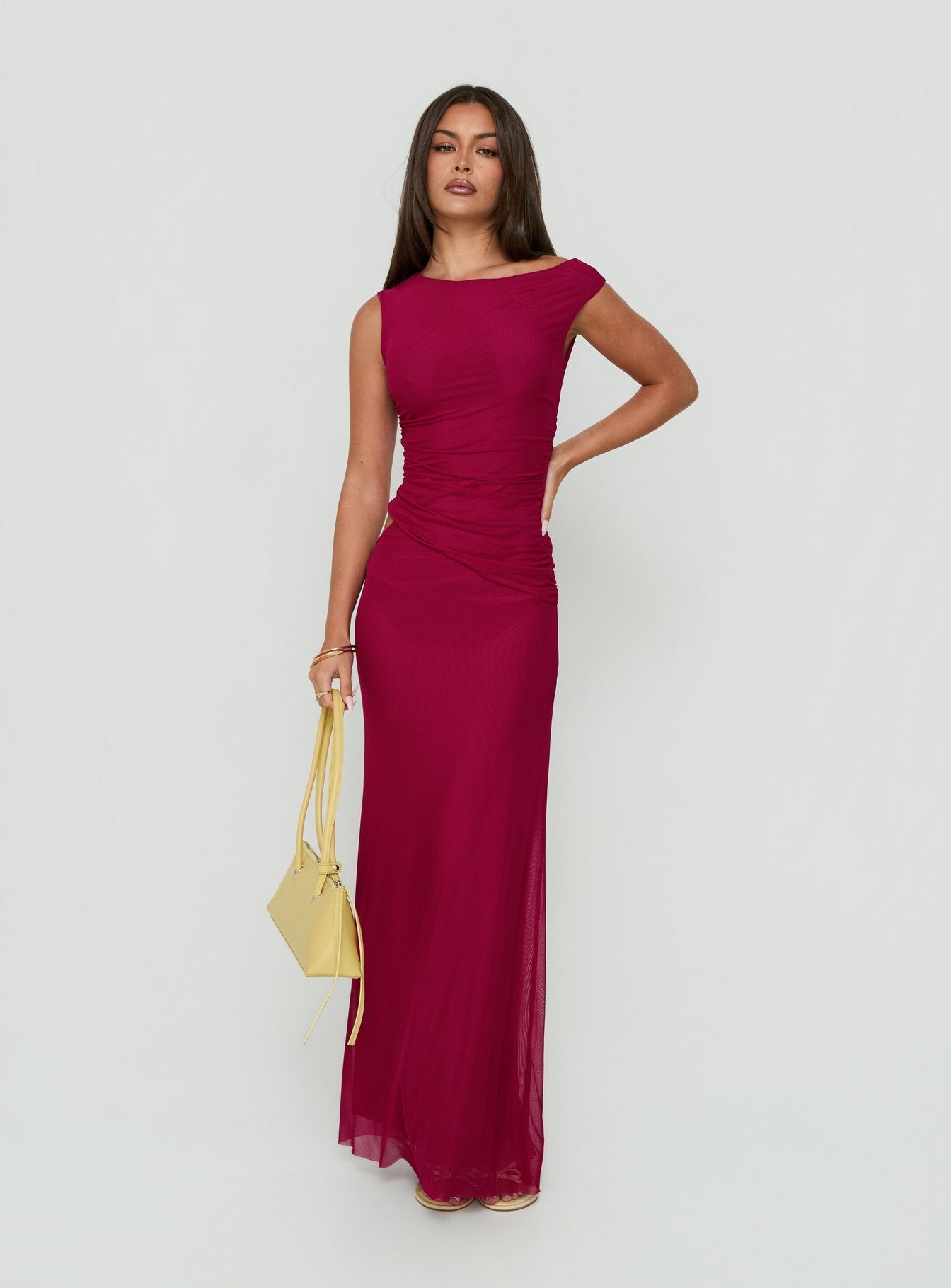 Krystyna Off Shoulder Ruched Mesh Maxi Dress Berry
