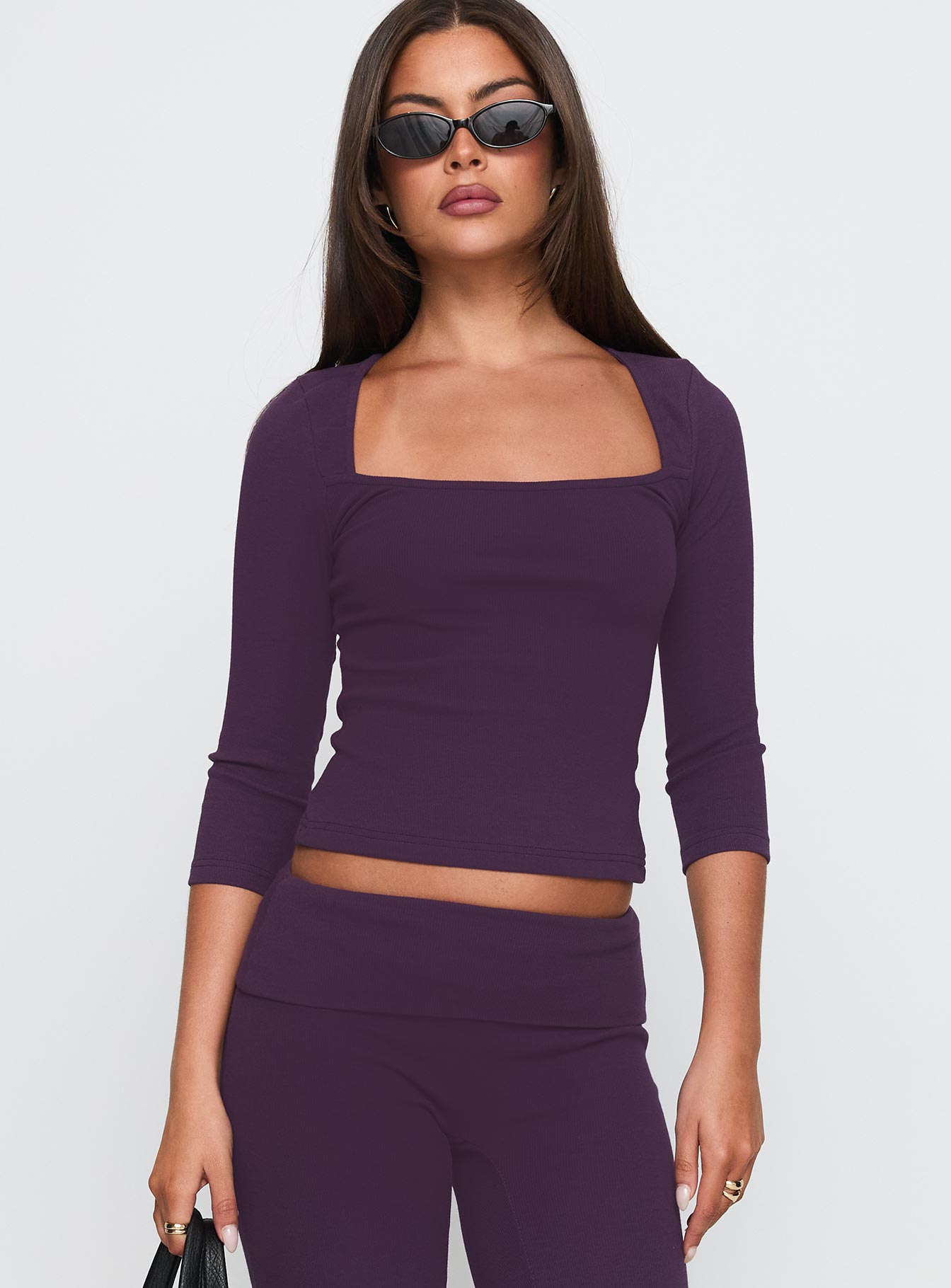 front view of model wearing Princess Polly So American Rib 3/4 Sleeve Top Purple Three Fourth Sleeves Square Neck 