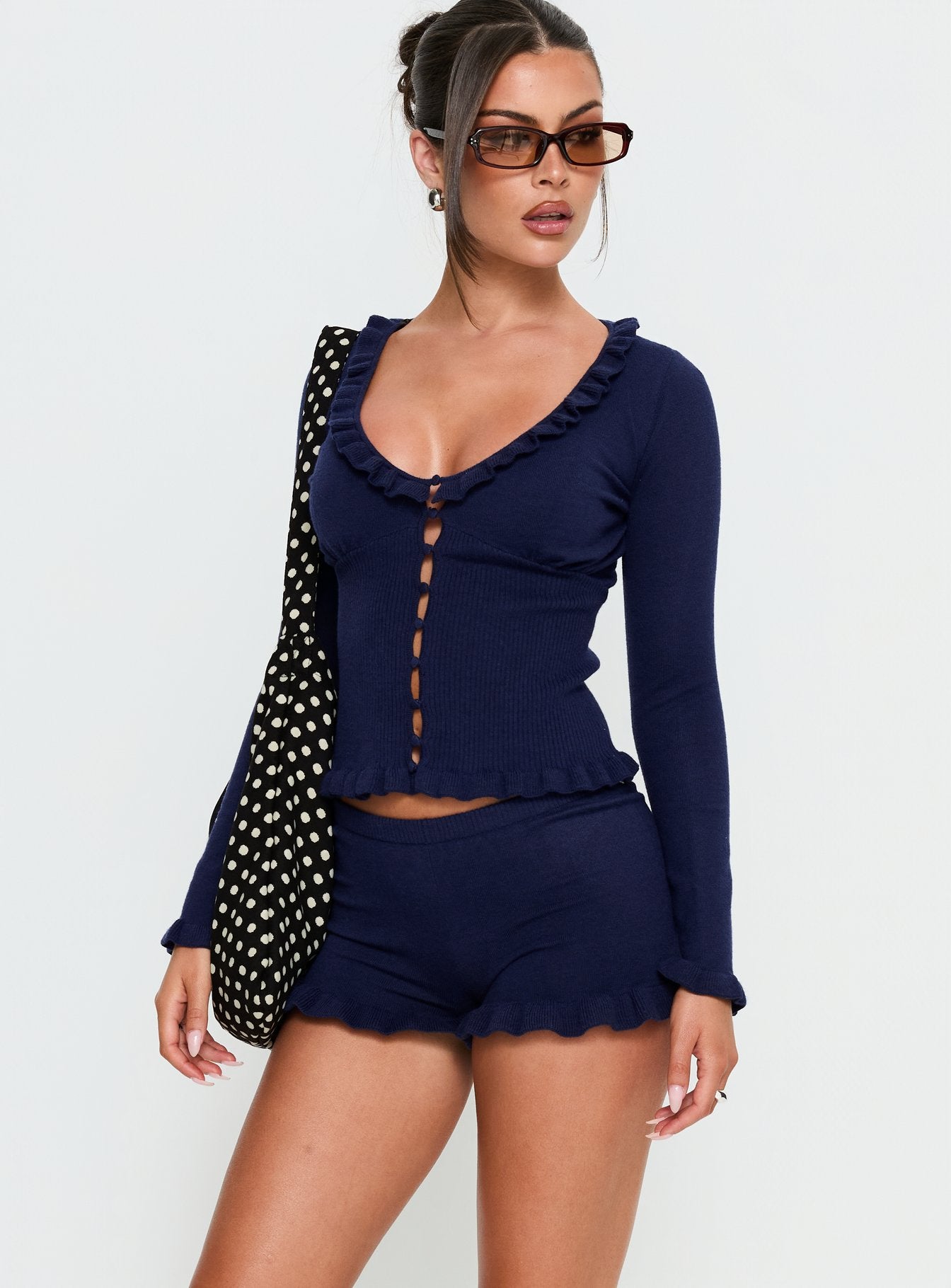 Ceria Frill Knit Shorts Navy | Princess Polly