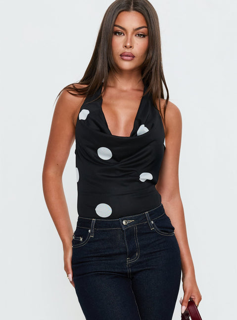 Cleona Plunge Neck Bodysuit Black Polka