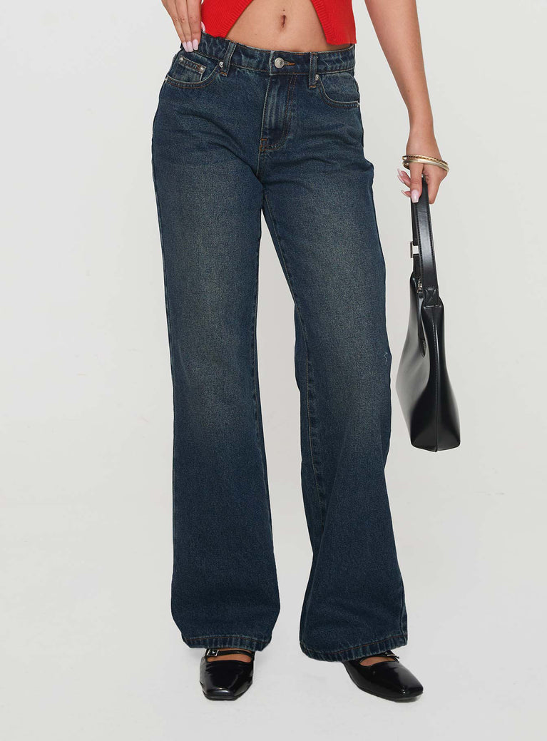 side view of model wearing Princess Polly Cybele Straight Leg Jean Dark Denim Low Rise Jeans 