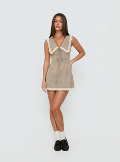 Mayci Collared Lace Trim Playsuit Brown Check