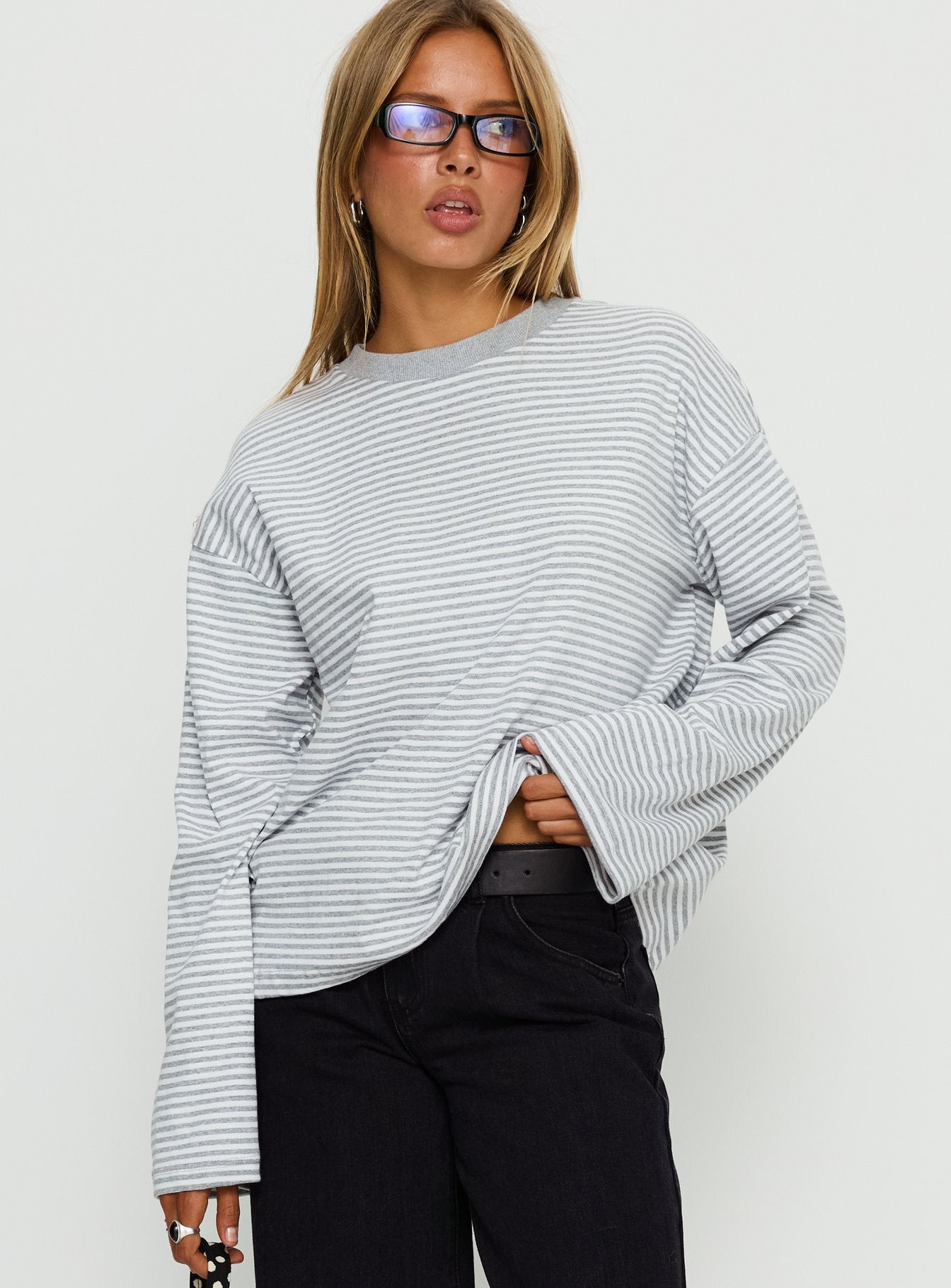 Settle Down Long Sleeve Top Grey / White Stripe | Princess Polly
