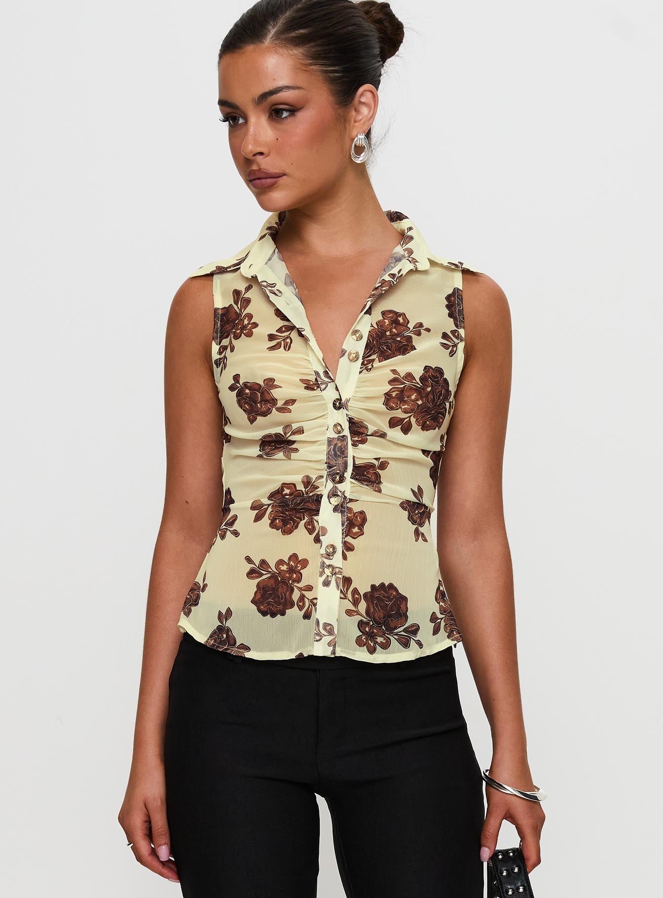 front view of model wearing Princess Polly Present Tense Sheer Ruched Top Yellow Floral Sleeveless V-Neck 